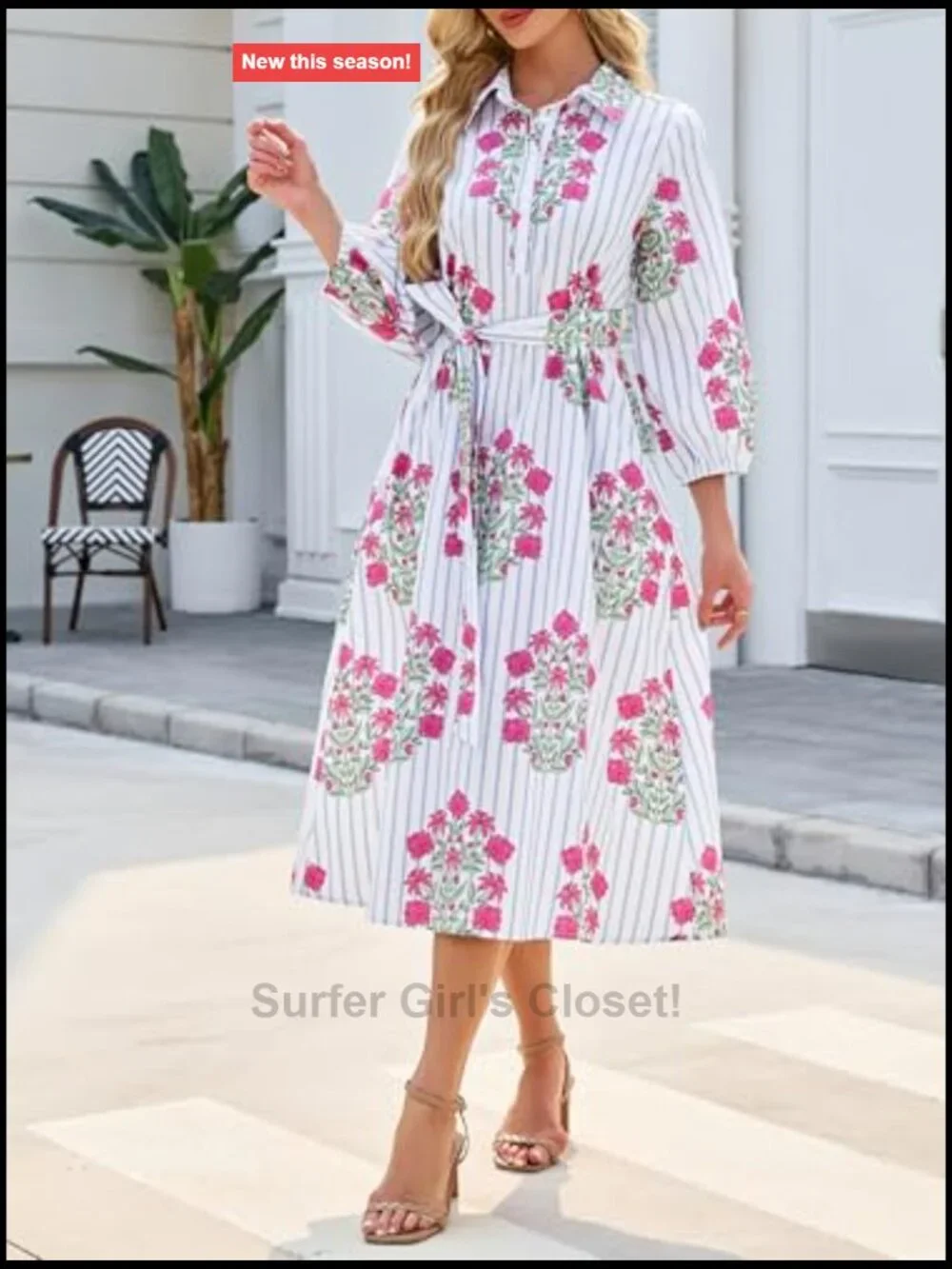 Women's Floral Midi Shirt Dress Casual Button Down A-Line 3/4 Puff Sleeve